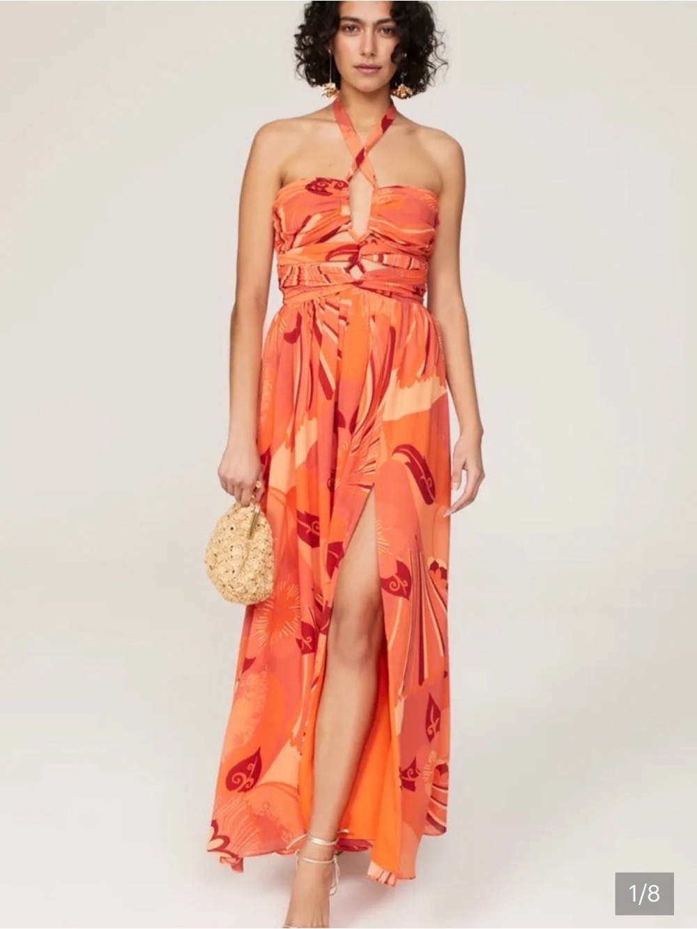 Ronny Kobo Collection Orange Tropical Halter Maxi Dress